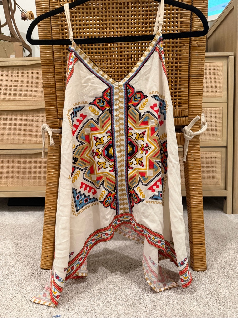 White Embroidered Boho V-Neck Tunic with Colorful Tribal Print - Picture 2 of 3